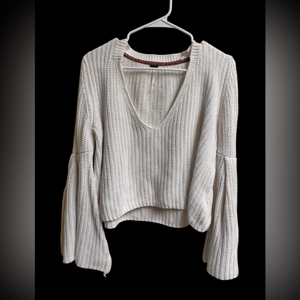 Free People White Knit Bell Sleeve Sweater Women’s XS Boho Cotton Pullover